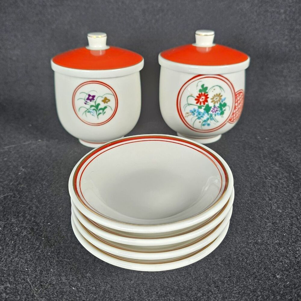 Vintage Seito Japanese Lidded Rice Bowls Jars Porcelain x2 and x4 Small Plates
